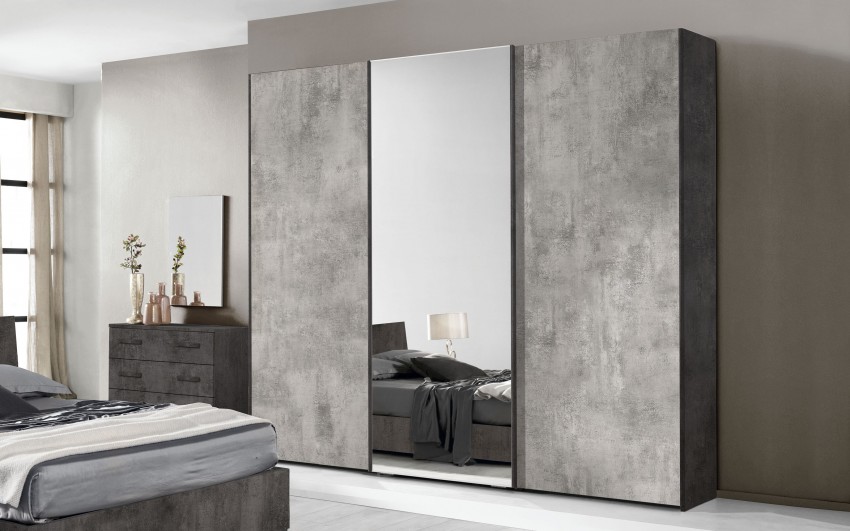 Elena: Armario 3 puertas correderas, incluye 3 estantes y 6 barras de  colgar con espejo central., òxido, cemento