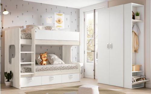 Dormitorio juvenil cama nido litera tren cajones escritorio armario madera  moderno