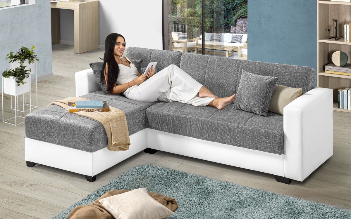 Sofá cama rinconero 2 plazas con península contenedor reversible, con