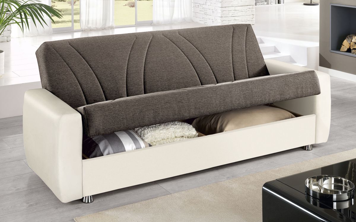 Sofá cama 3 plazas, equipado con vano contenedor con la parte posterior