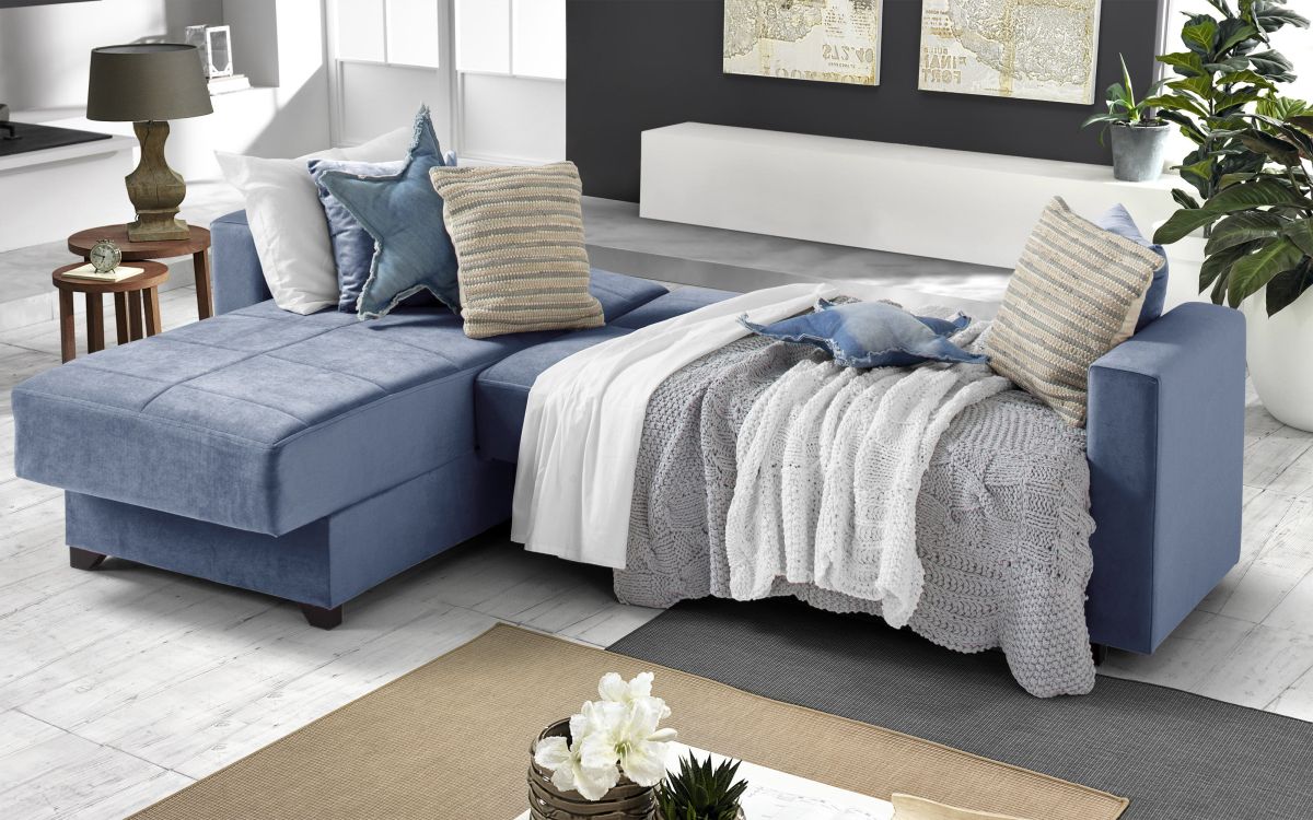 Sofá cama rinconero 2 plazas con península contenedor reversible, con