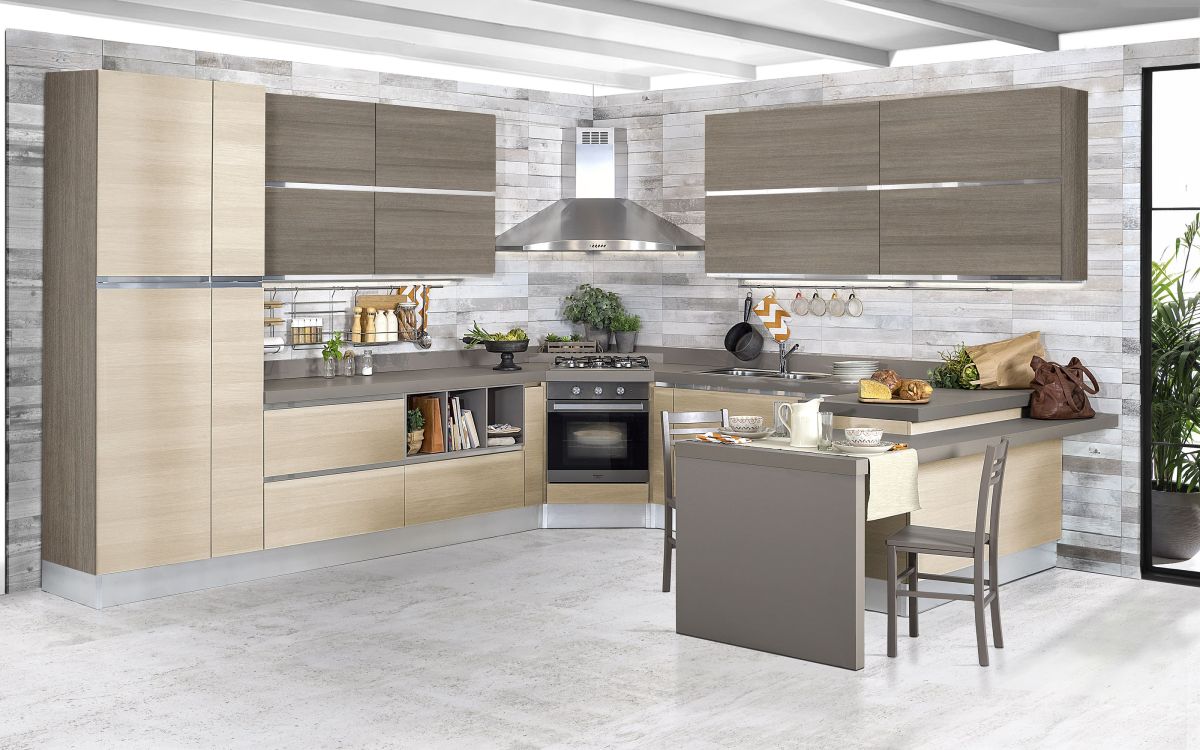 Cocina componible, efecto roble gris, pino claro, roble gris | : Oasi PRMM